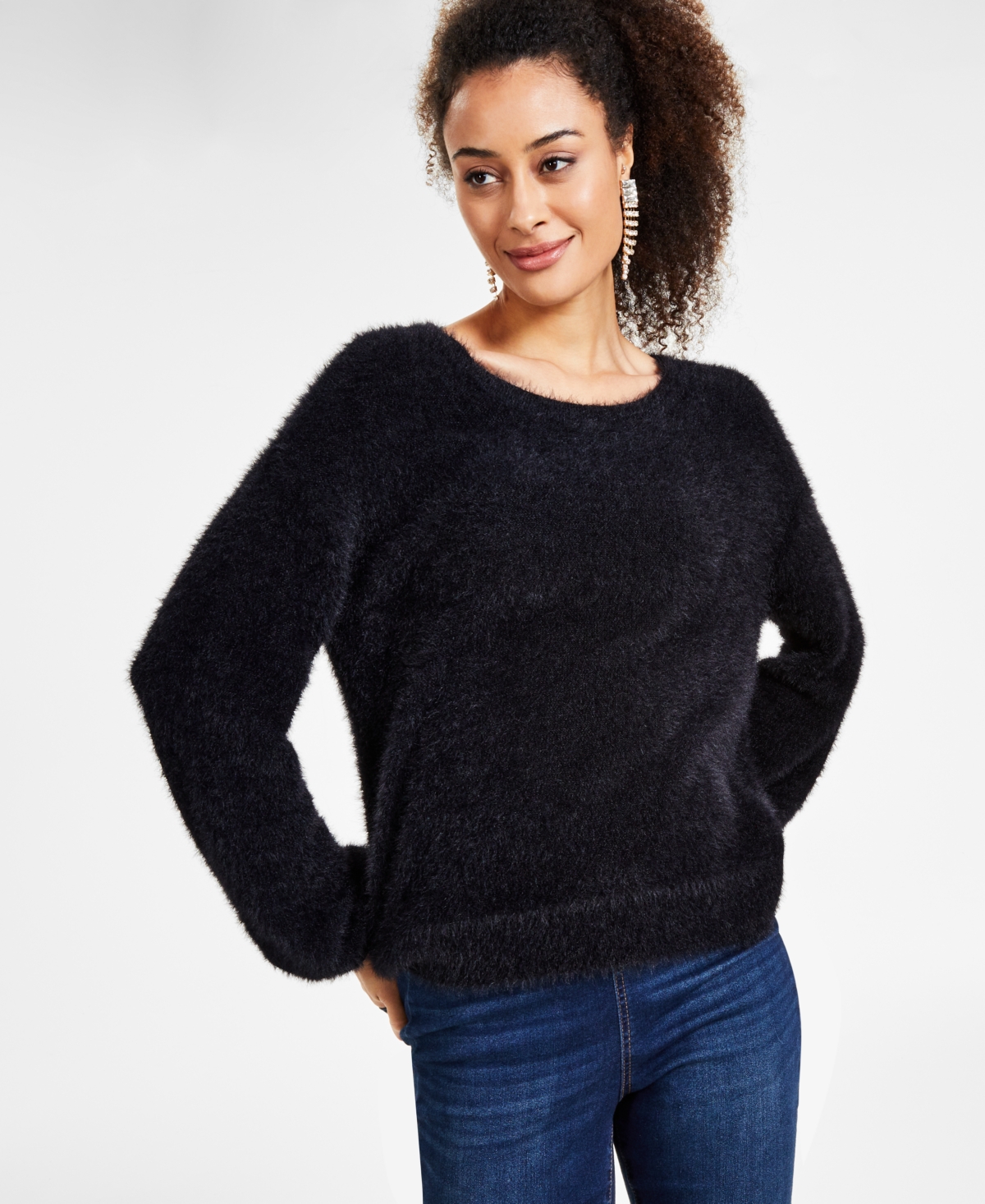 I.n.c. International Concepts Women's Eyelash-Knit Fuzzy Sweater, Created  for Macy's - Deep Black