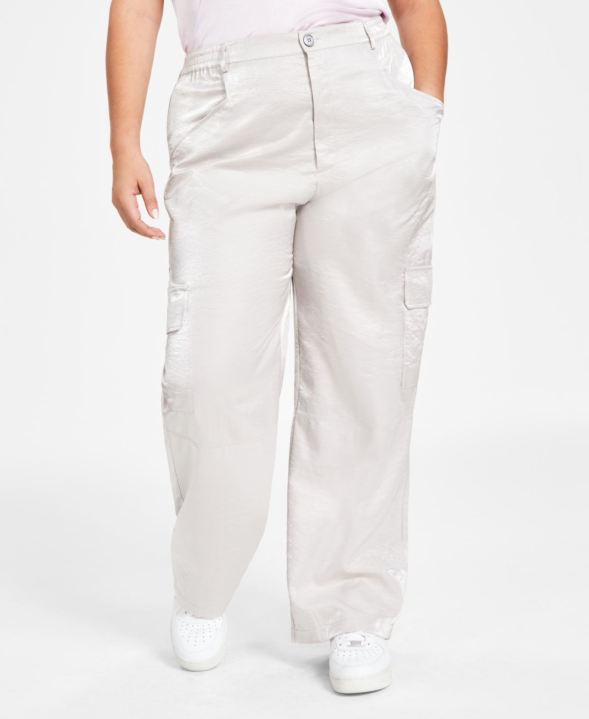 Bar Iii Plus Size Shine High-rise Cargo Pants, Created For Macy's In Lunar Rock