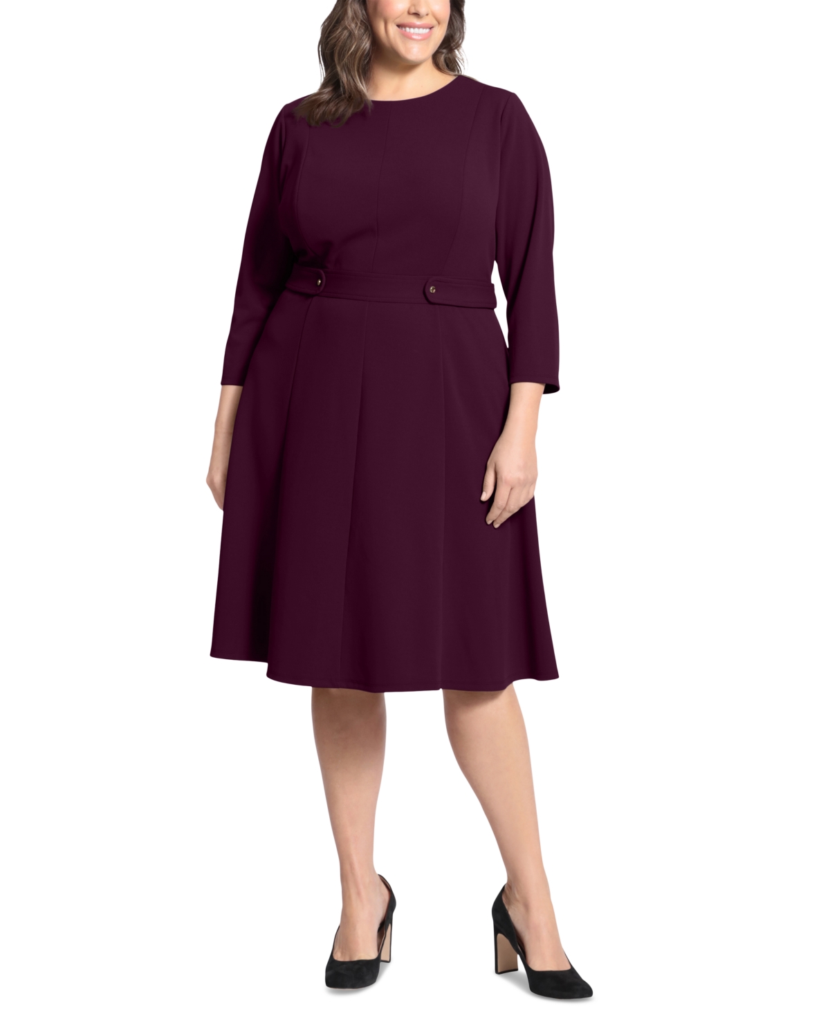Plus Size 3/4-Sleeve Tab-Waist Fit & Flare Dress - Luxe Plum