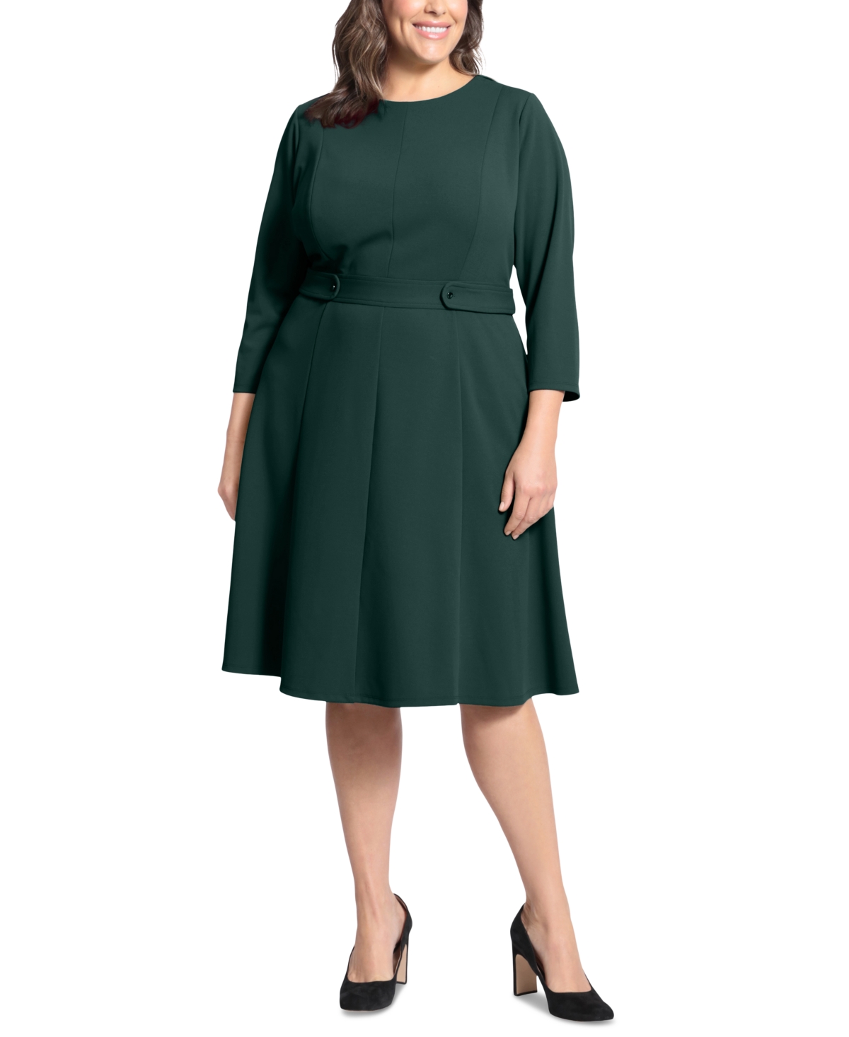 London Times Plus Size 3/4-Sleeve Tab-Waist Fit & Flare Dress