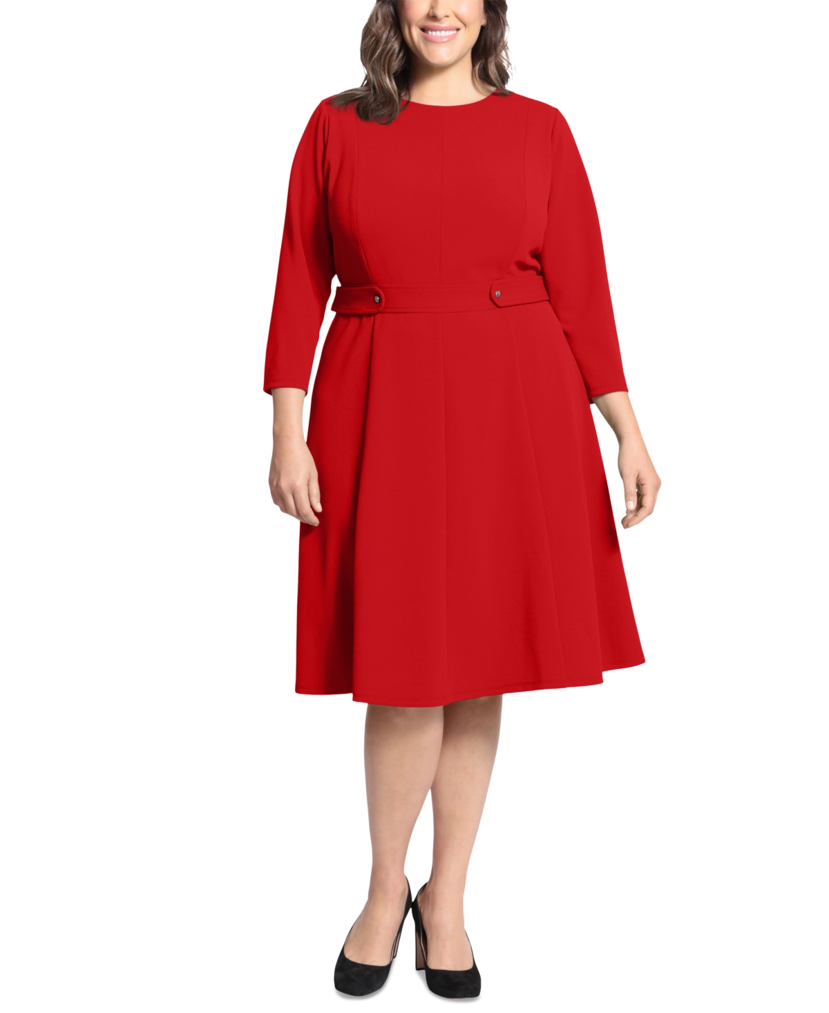 Plus Size 3/4-Sleeve Tab-Waist Fit & Flare Dress - Red
