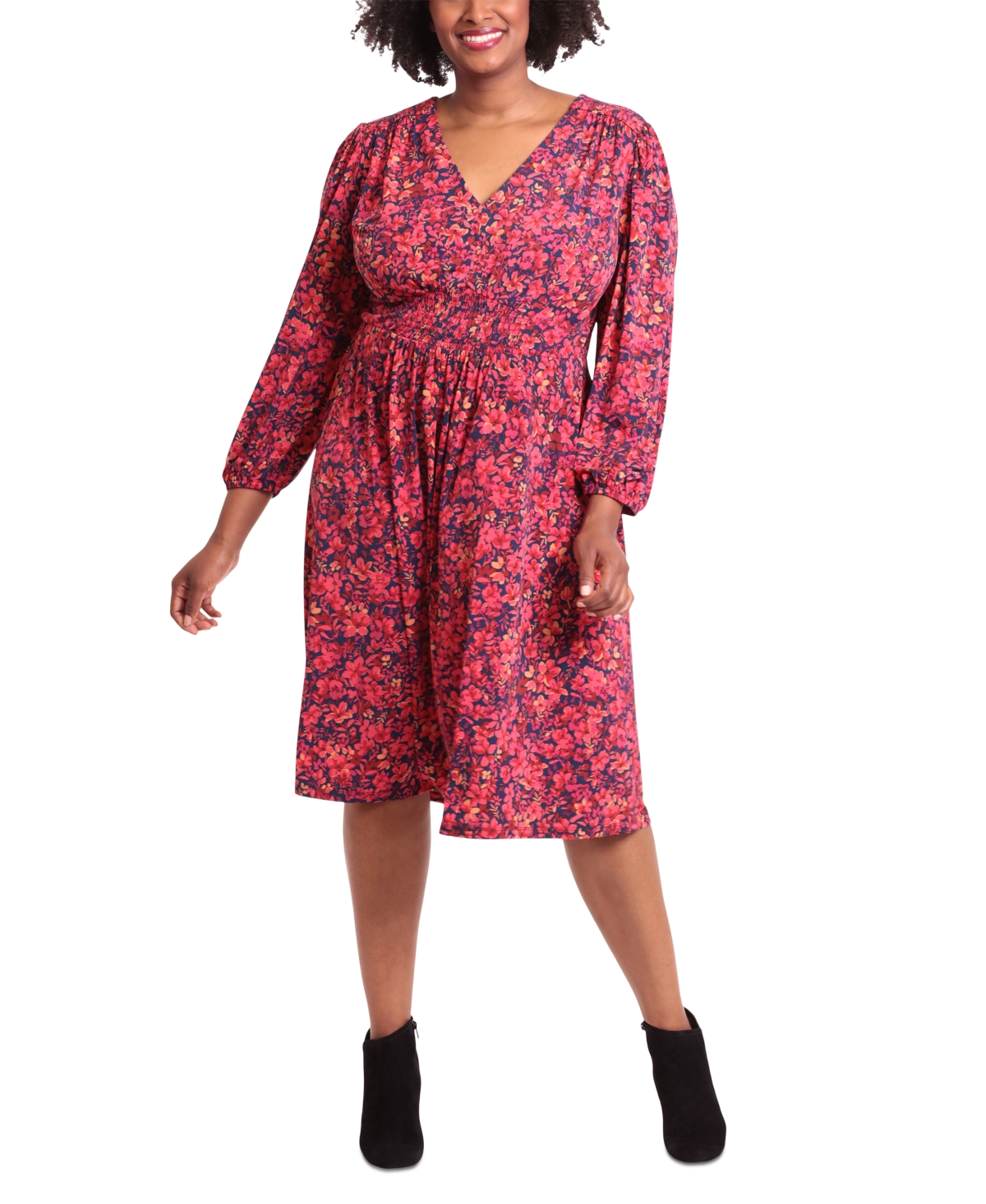 Plus Size Smocked-Trim Long-Sleeve Dress - Red/Navy