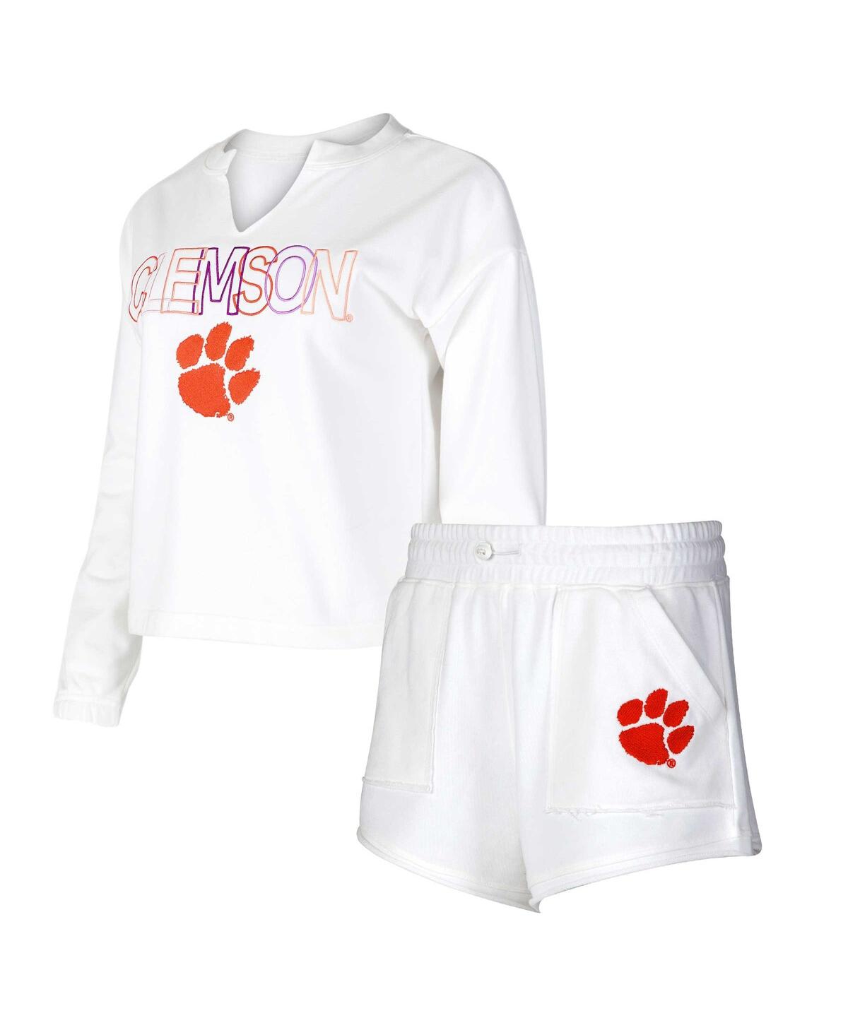 Women's Concepts Sport White Clemson Tigers Sunray Notch Neck Long Sleeve T-shirt and Shorts Set - White