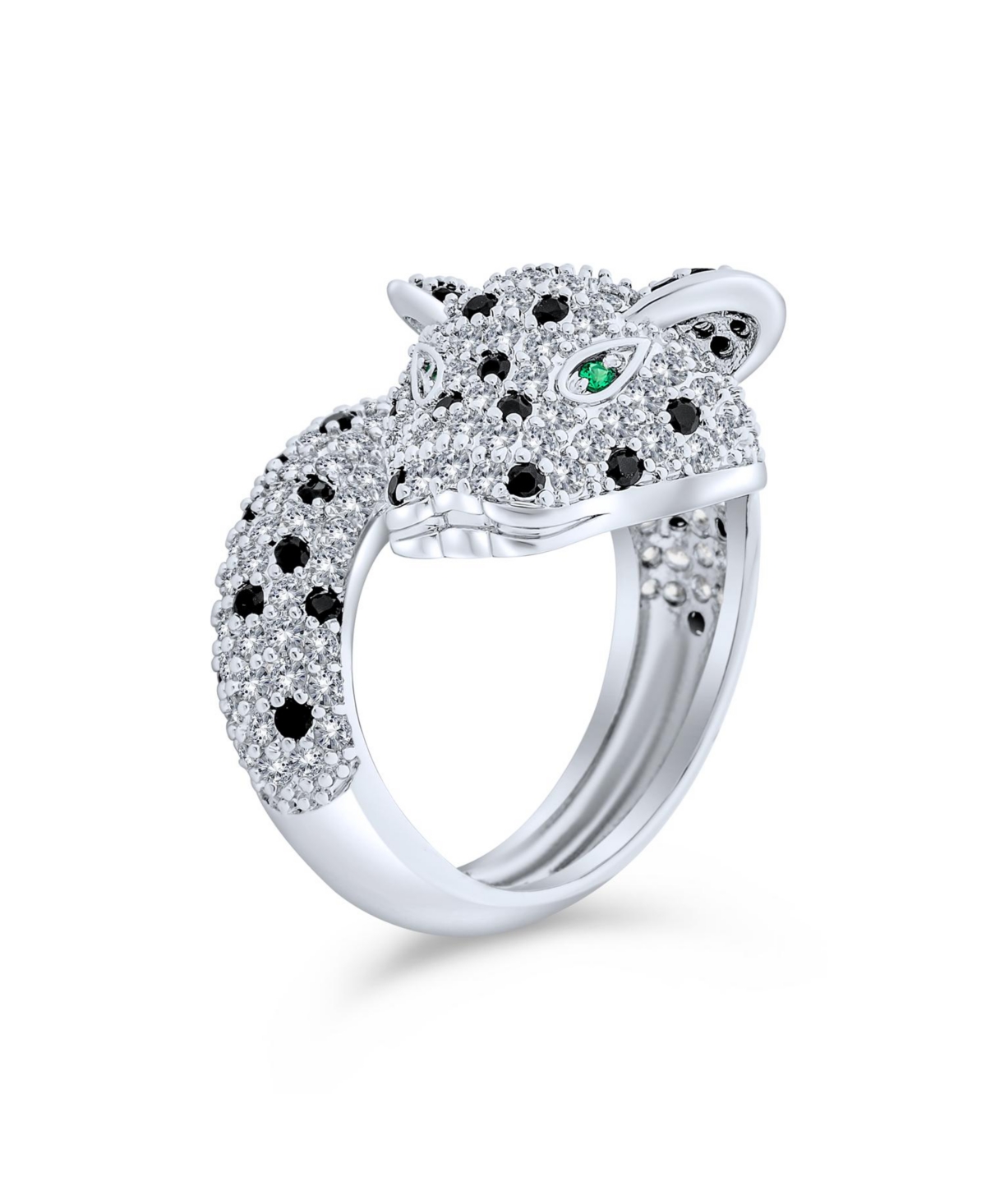Black White Cubic Zirconia Leopard Panther Cat Statement Ring - Silver tone