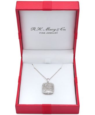 Diamond Round & Baguette Square Halo Cluster Pendant Necklace (1 ct. t.w.) in 14k White Gold, 16" + 2" extender, Created for Macy's
