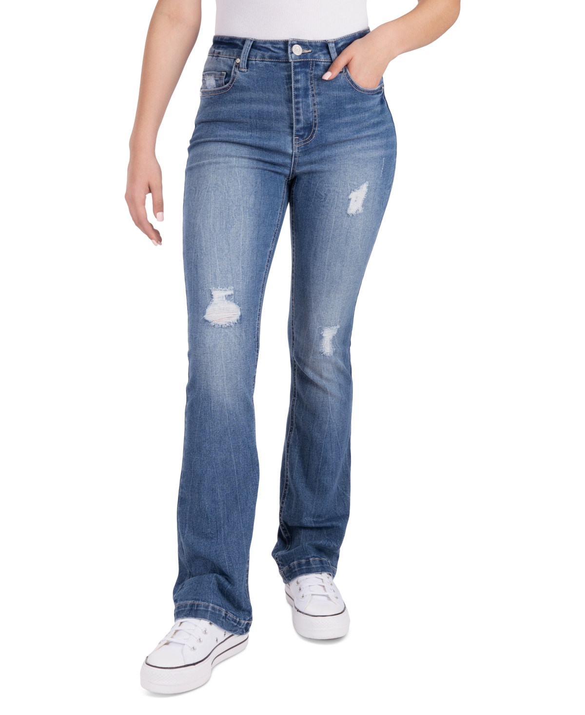 Indigo Rein Juniors' Mid Rise Button Fly Distressed Cropped Curvy