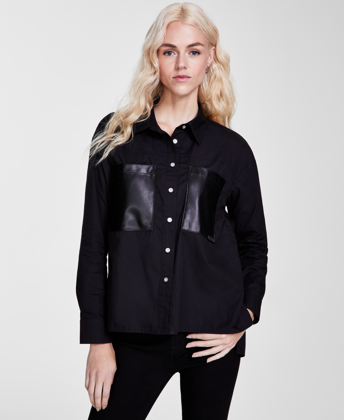 Women's Faux-Leather-Pocket High-Low Shirt - Black