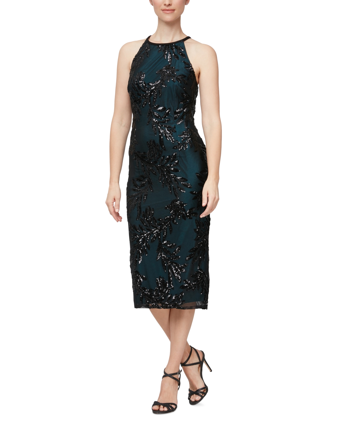 Women's Sequined Embroidered Halter-Neck Midi Sheath Dress - Black/Teal