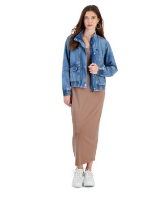 AND NOW THIS NOW THIS WOMENS DENIM BOMBER JACKET RIBBED SCOOP NECK MAXI DRESS CREATED FOR MACYS