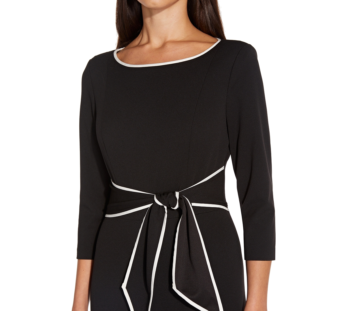 Adrianna Papell Women's Tipped Tie-Front 3/4-Sleeve Dress -Ivory