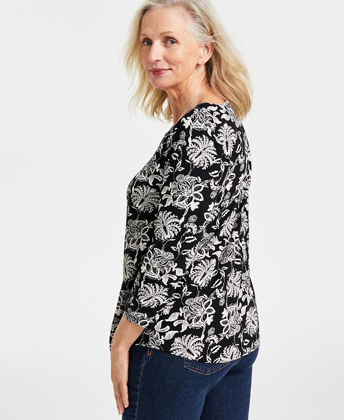 Style & Co Petite Cotton Paisley-Print Square-Neck Top, Created for ...