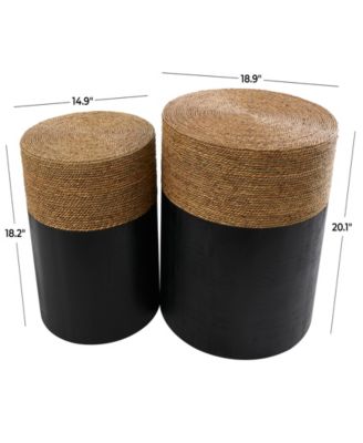 20" and 18" Wood Handmade Color Block Wrapped with Dried Plant Tabletops Accent Table, Set of 2