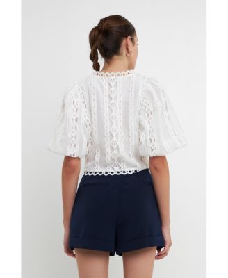 Women's Laced V-Neck Puff Sleeve Top