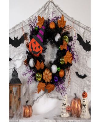 Jack-O'-Lantern in Witches Hat Halloween Pine Wreath, 24" Unlit