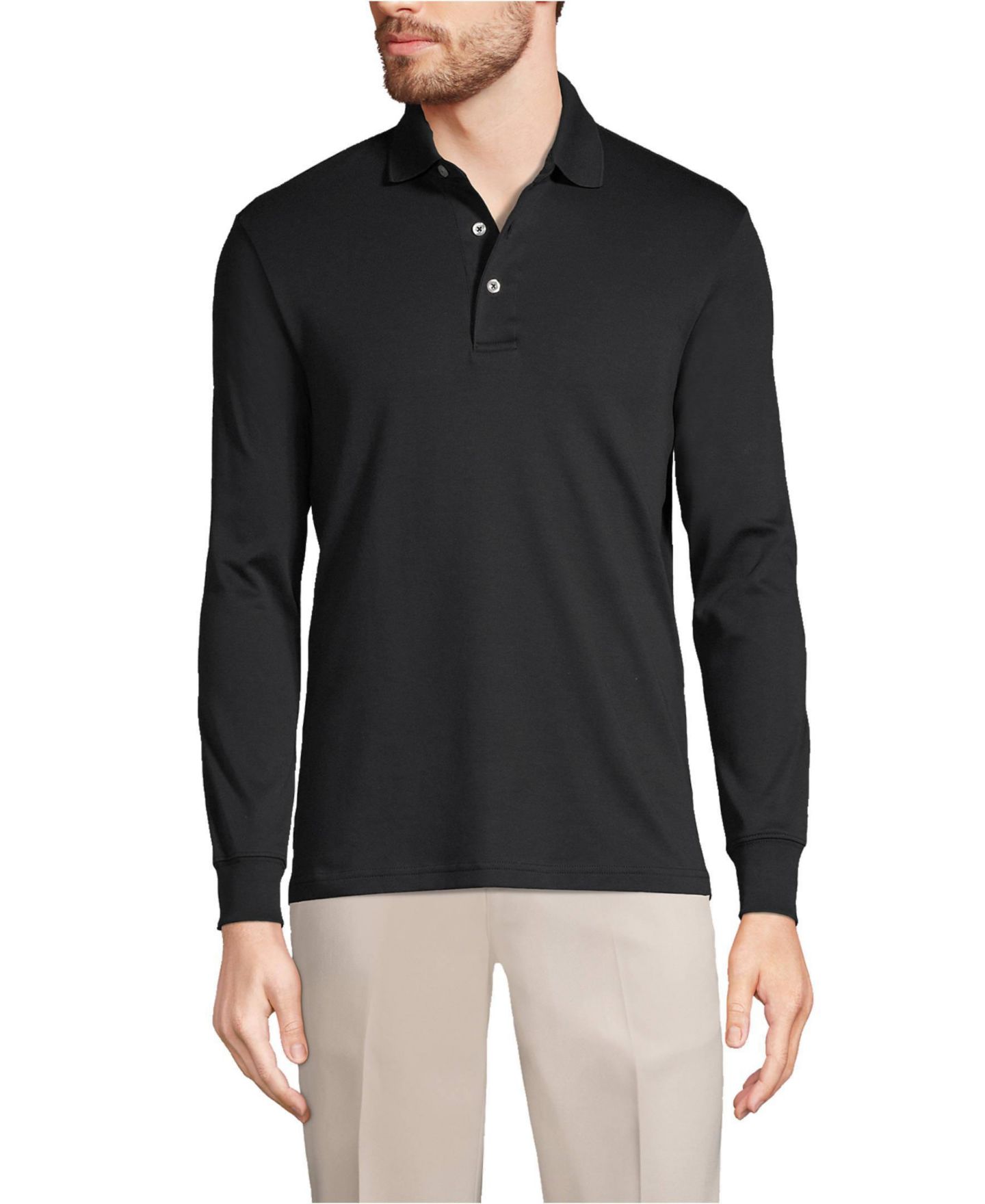 Мужское поло Lands' End Long Sleeve Cotton Supima Polo Shirt, цвет: Чёрный — фото 1