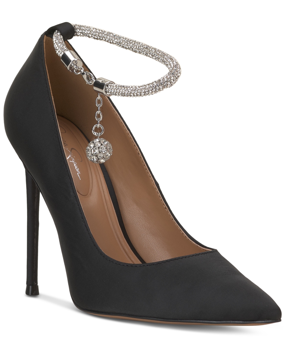 Shop Jessica Simpson Women's Sekani Embellished Ankle-strap Pumps In Black Satin