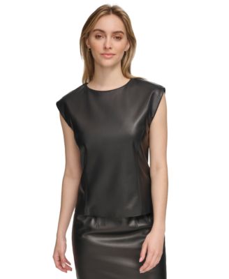 Calvin Klein Women's Faux-Leather Cap Sleeve Top - Macy's