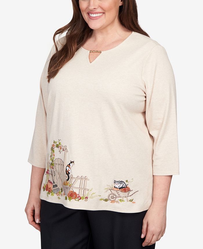 Alfred Dunner Plus Size Classics Cat on a Fence Split Neck Top - Macy's
