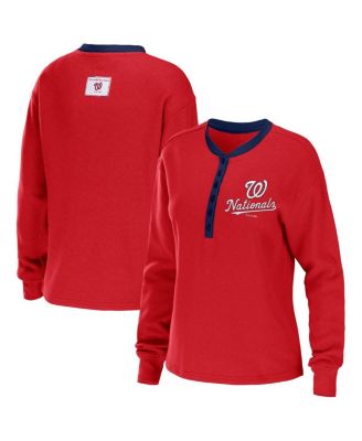 Women's Red Washington Nationals Waffle Henley Long Sleeve T-shirt