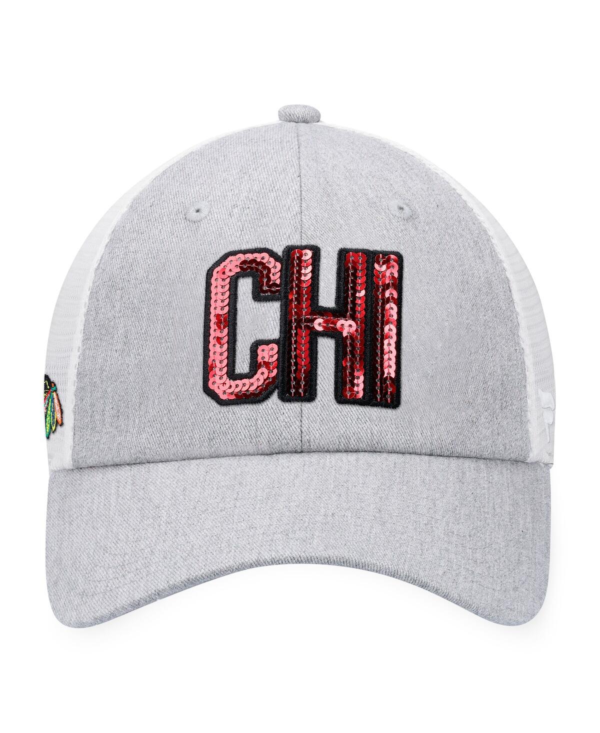 Fanatics Women's  Heather Gray, White Chicago Blackhawks Iconic Glimmer Trucker Snapback Hat In Heather Gray,white