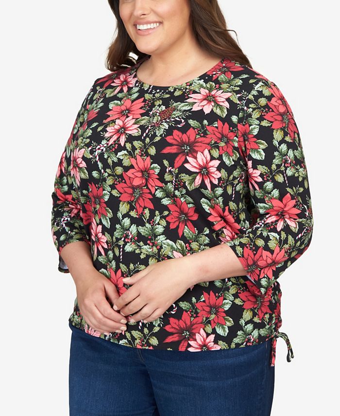 Alfred Dunner Plus Size Classics Poinsettia and Candy Canes Crew Neck