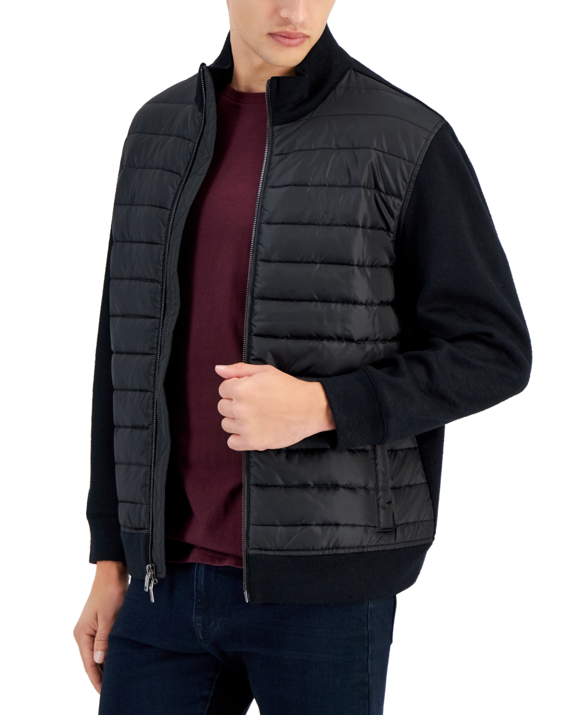 Alfani Men's Mixed-media Quilted Full-zip Bomber Jacket, Created For Macy's In Deep Black