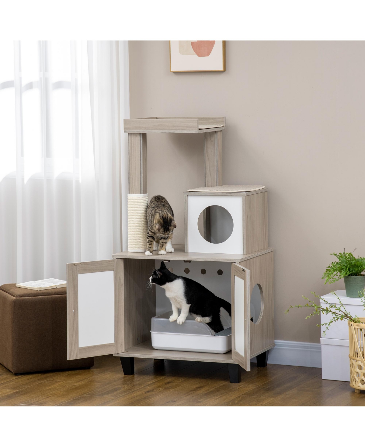 PawHut Cat Litter Box Enclosure Furniture with Cat Tree, Hidden Litter Box with Scratching Post, Bed, Modern Cat House Indoor, Gray