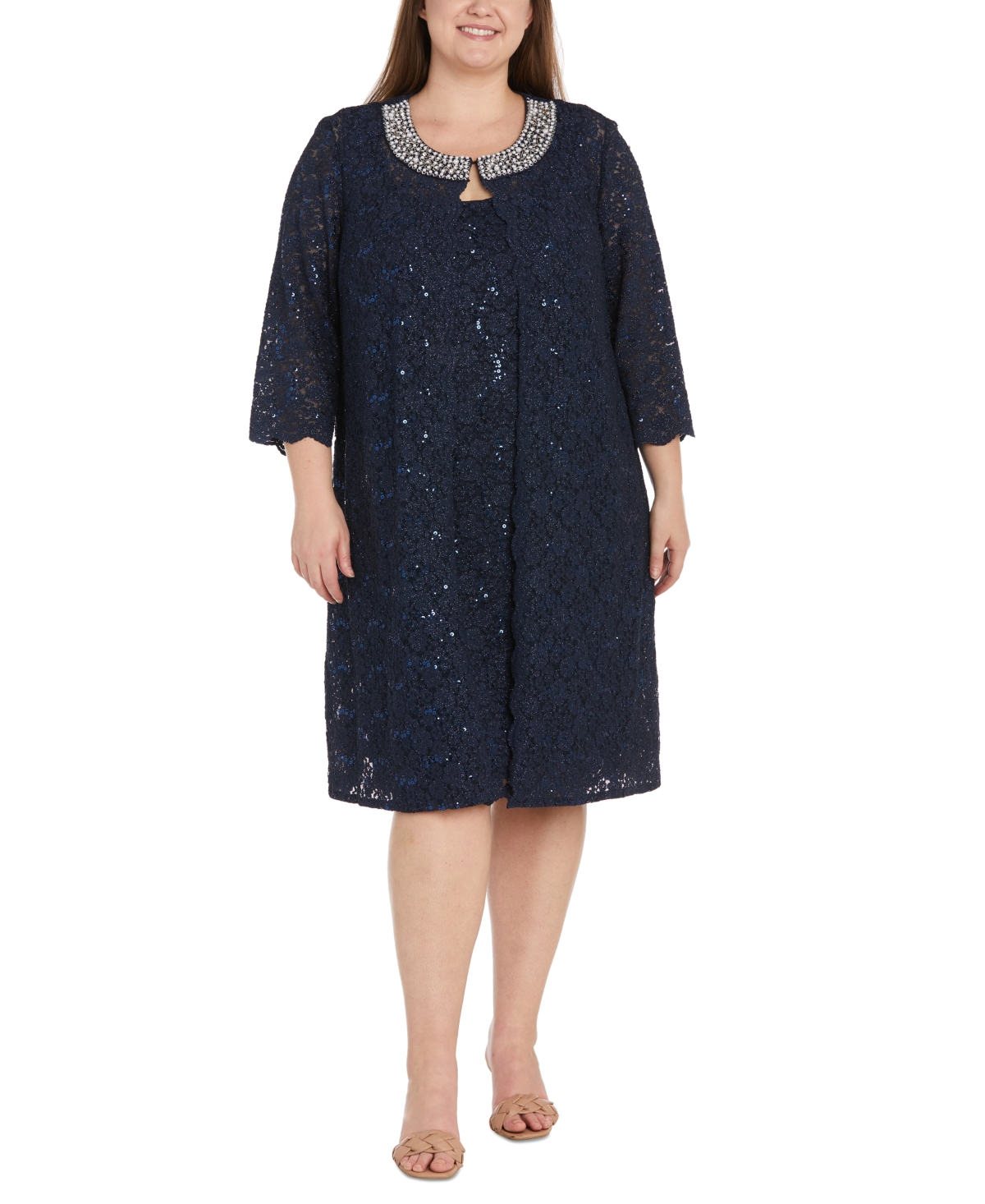 1960s Mad Men Dresses and Clothing Styles R  M Richards Plus Size 2-Pc. Sequined Beaded-Neck Shimmering Dress - Navy $149.00 AT vintagedancer.com