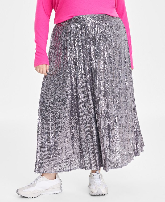 On 34th Plus Size Sequin Pleated Midi Skirt, Created for Macy's - Macy's