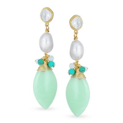 Multi Color Geometric Crystal Bead Cultured Baroque Pearl Large Pear Shape Natural Amazonite Mint Green Teardrop Earrings Gold Plated