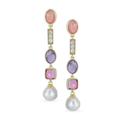 Boho Tri Tone Mixed Crystal Accent Linear Thin Long Baroque Pearl Pink Tourmaline Purple Natural Amethyst Dangle Earrings Gold Plated