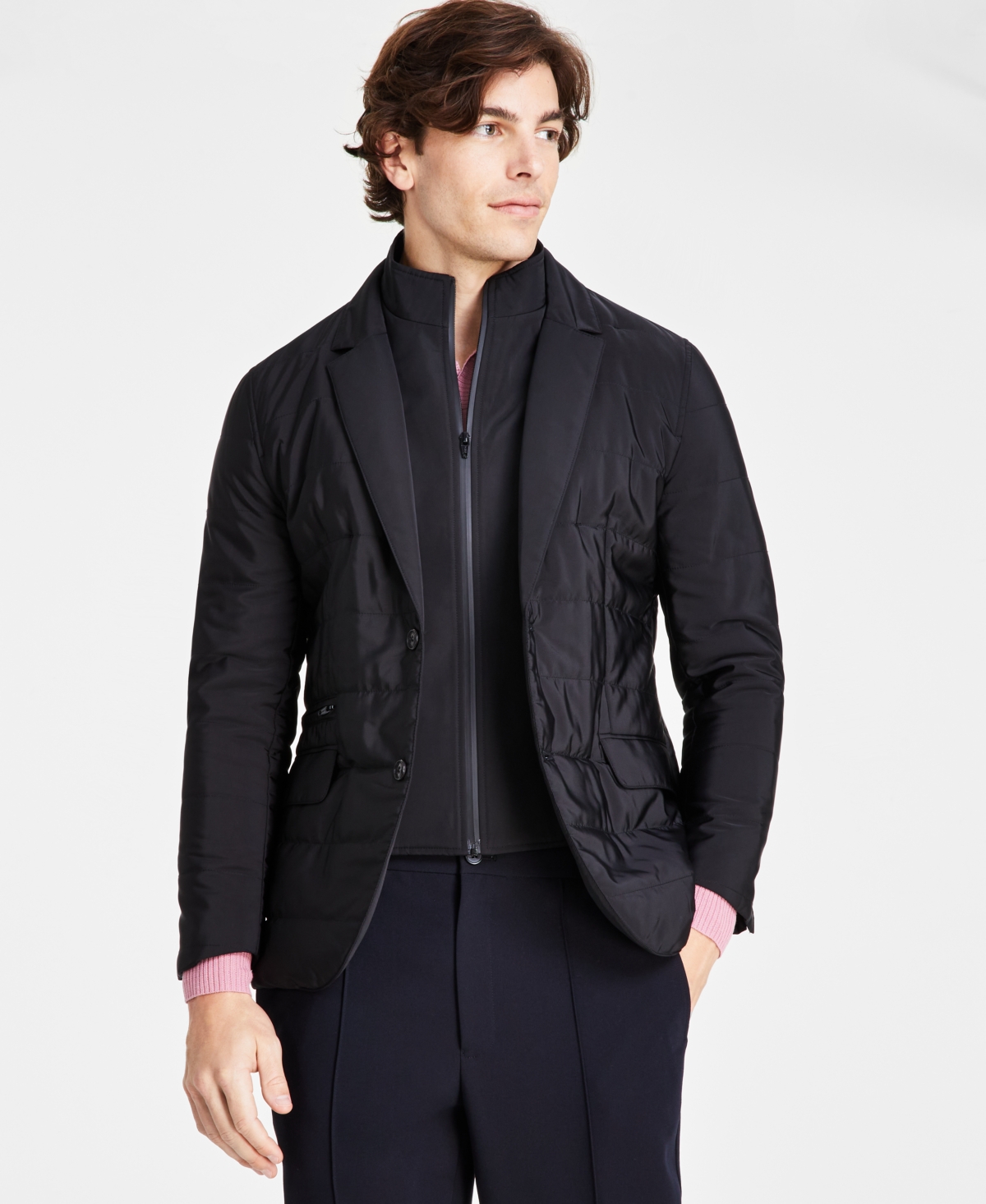 Men's Regular-Fit Quilted Blazer with Removable Full-Zip Bib, Created for Macy's - Deep Black