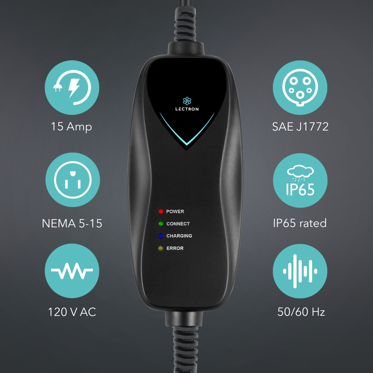 Lectron Level Ev Charger - Etl Certified, 110V, 15 Amp, 16 ft Extension Cord & J1772 Cable - Portable Electric Car Charger for J1772 EVs with Nema 5