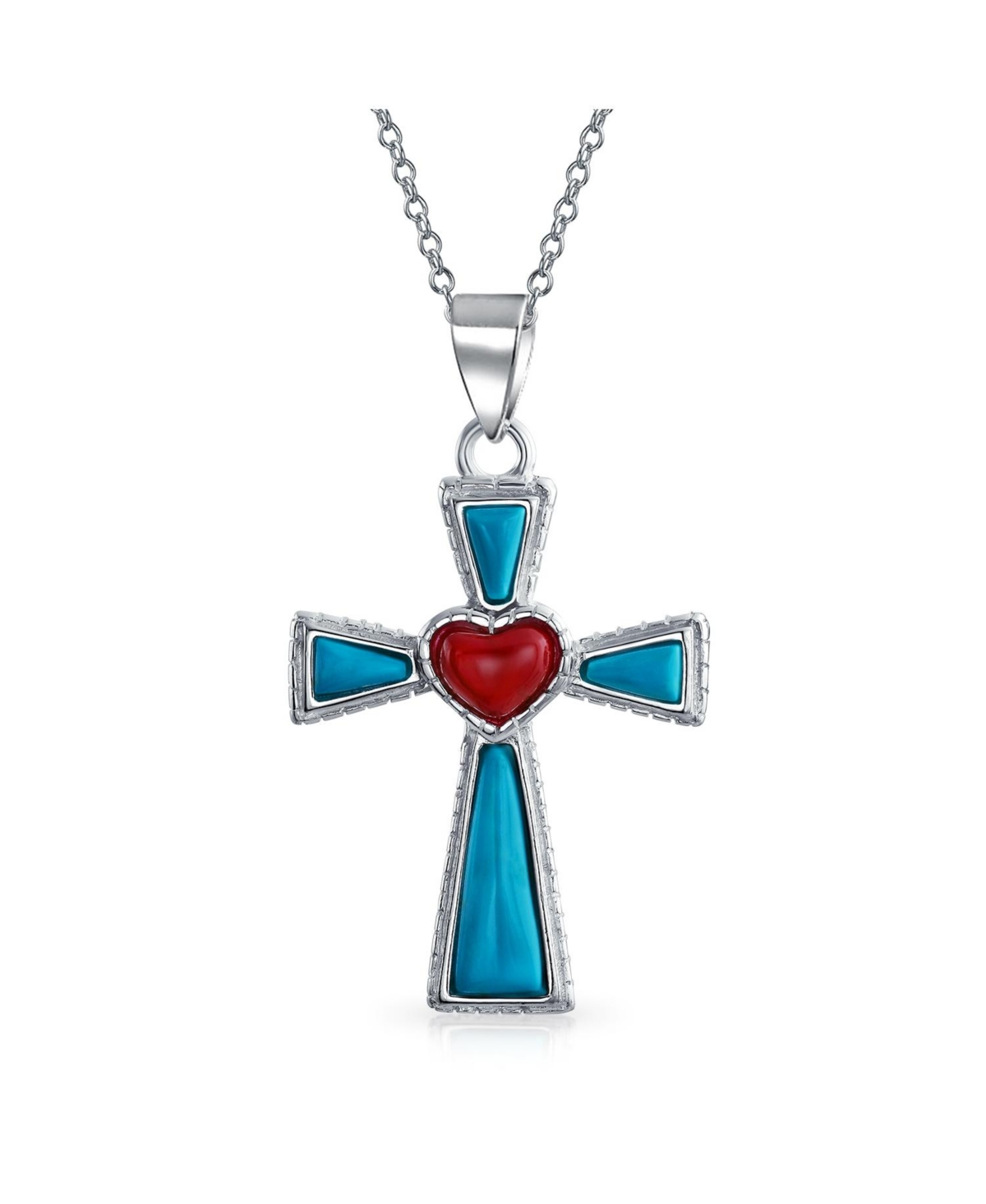 South Western Style Gemstone Blue Stabilized Turquoise Red Heart Cross Pendant Religious .925 Sterling Silver Necklace For Women Teen -