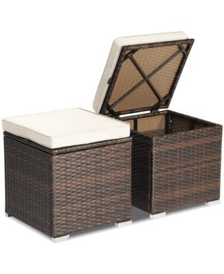2 Pc Patio Rattan Storage Ottomans with Cushions