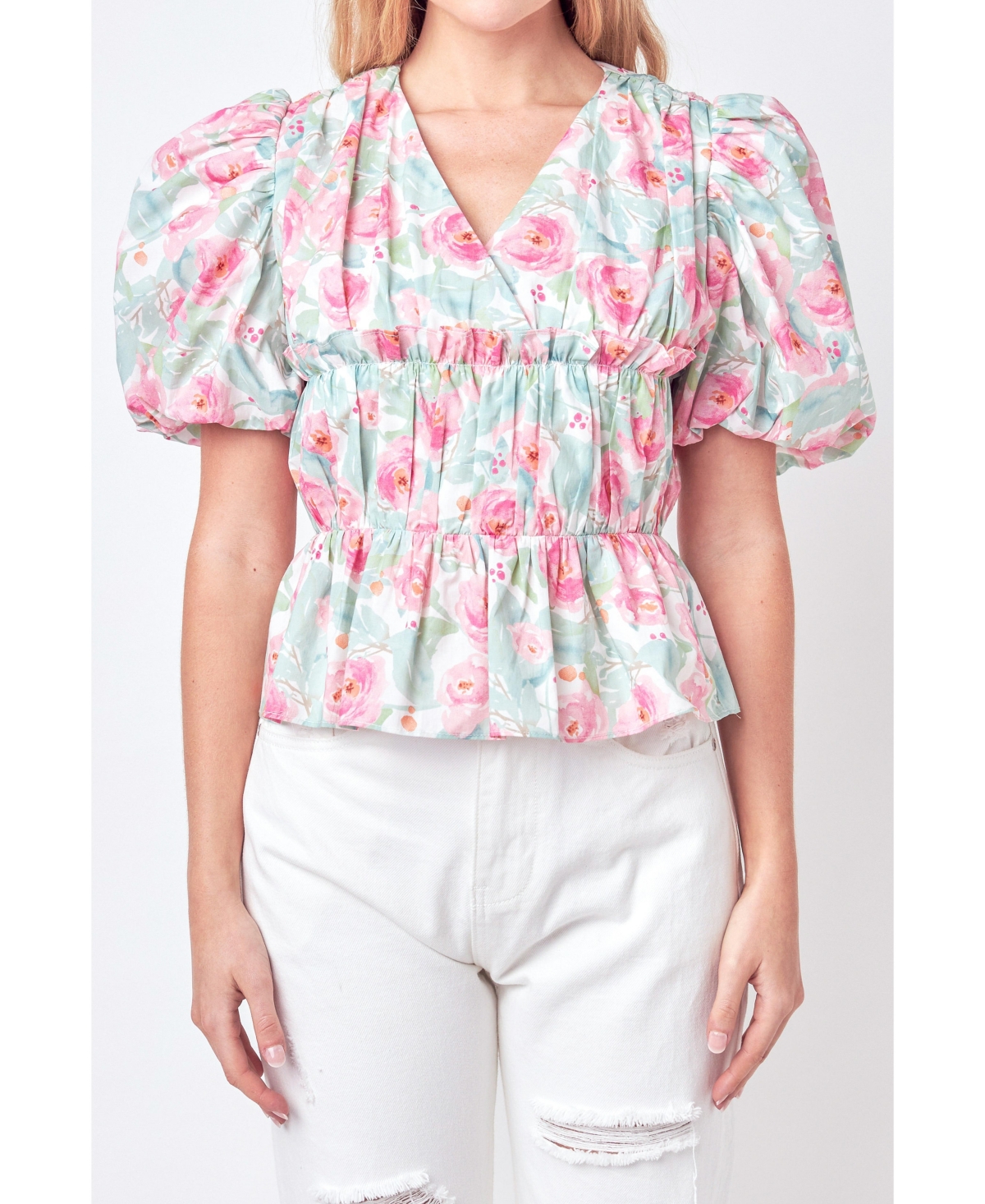Women's Floral Puff Sleeve Top - Pink multi