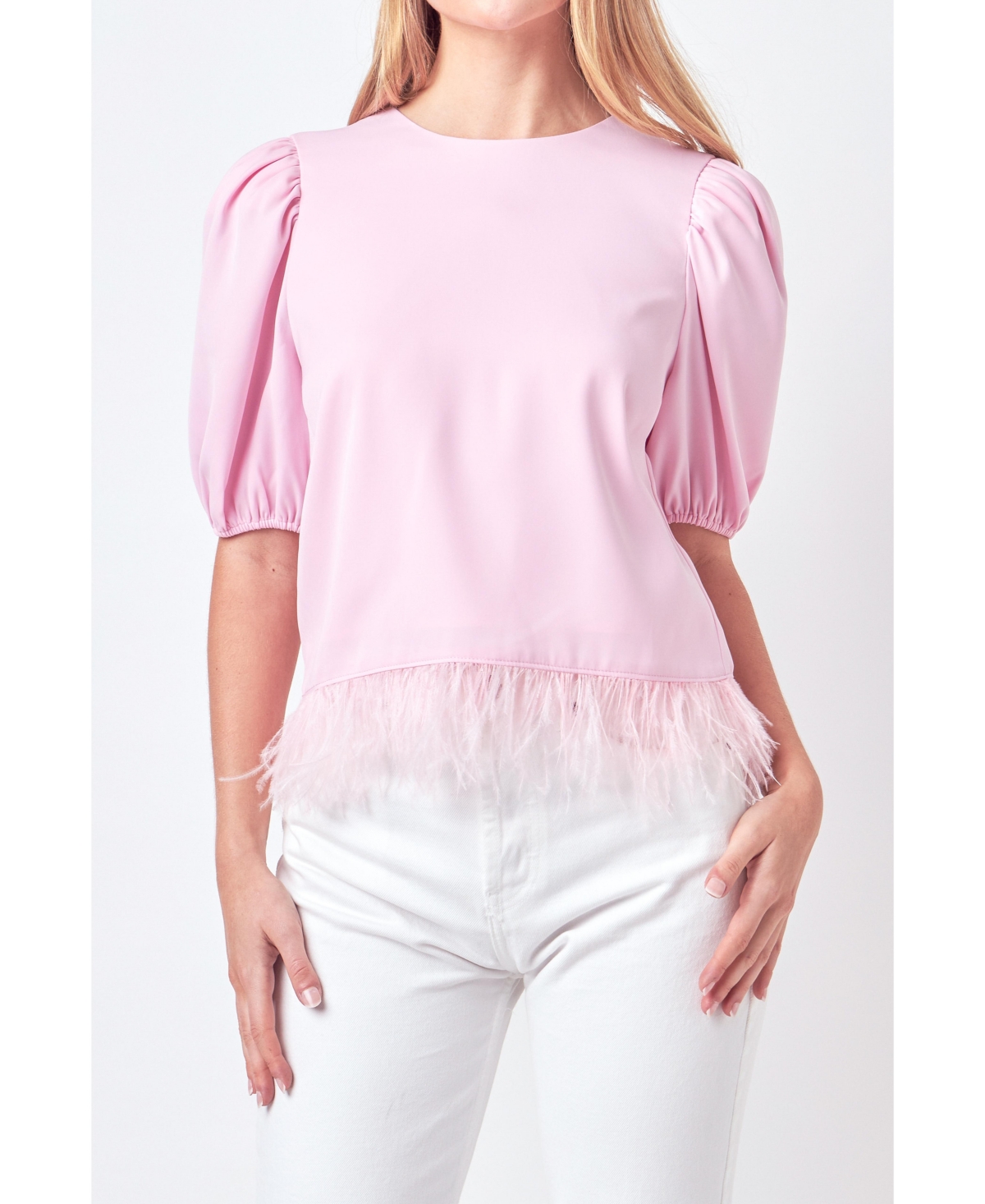 English Factory Feather Edge Puff Sleeve Top In Pink