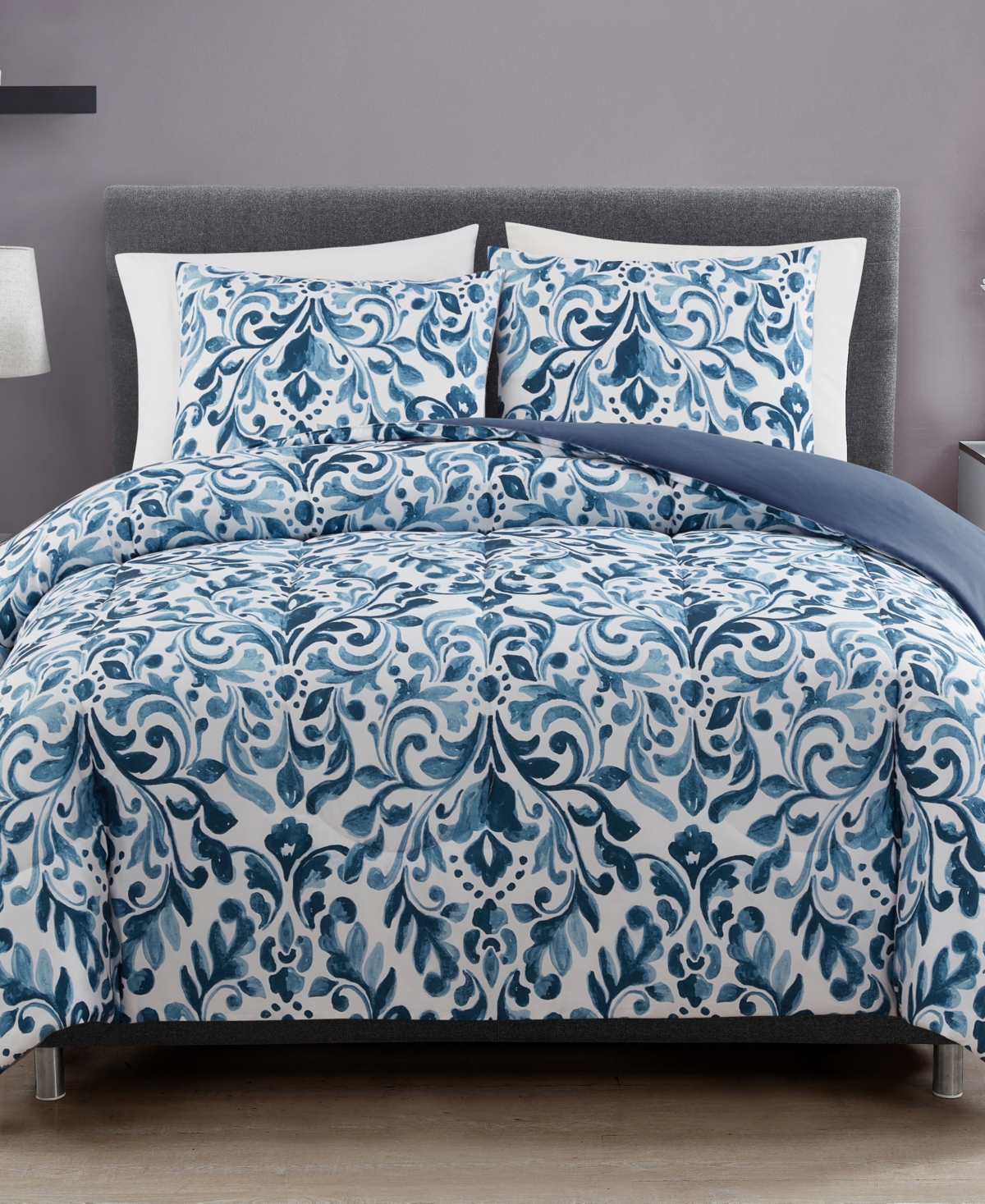 Keeco Watercolor Damask 3-pc. Comforter Set, Created For Macy's In Navy