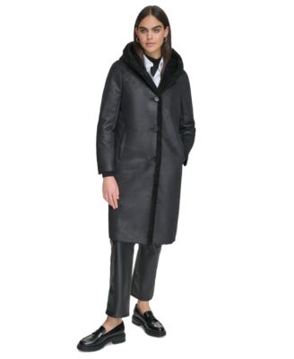Women's Hooded Faux-Shearling Trim Coat
