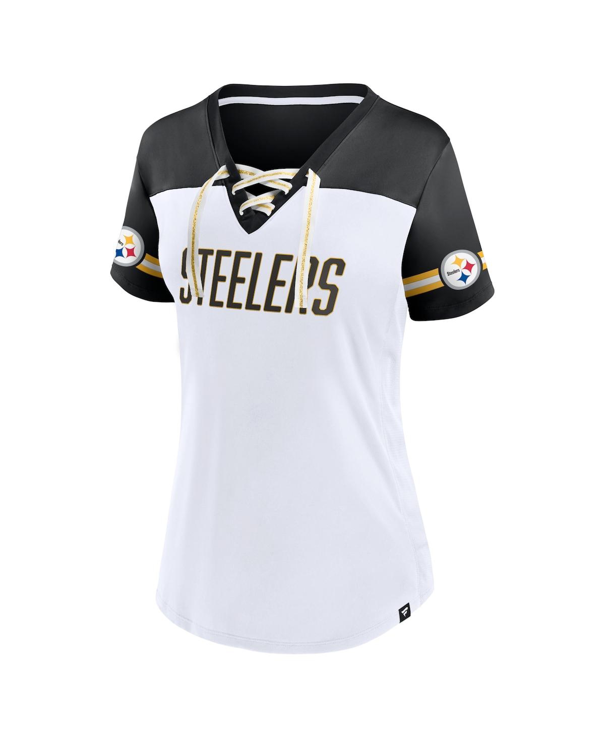 Fanatics Women's  White Pittsburgh Steelers Dueling Slant V-neck Lace-up T-shirt In White