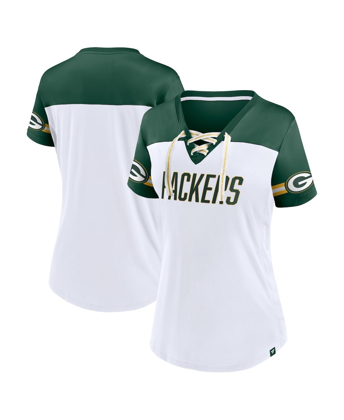 Fanatics Women's  White Green Bay Packers Dueling Slant V-neck Lace-up T-shirt