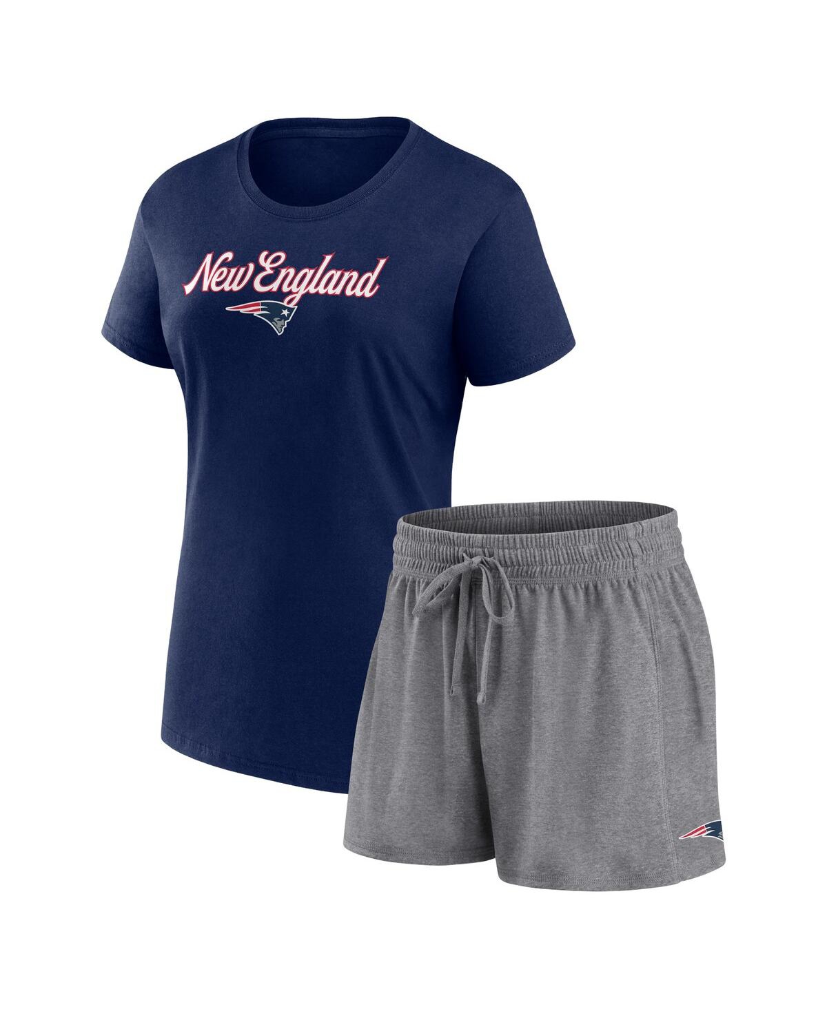 Fanatics Women's  Navy, Heather Charcoal New England Patriots Script T-shirt And Shorts Lounge Set In Navy,gray