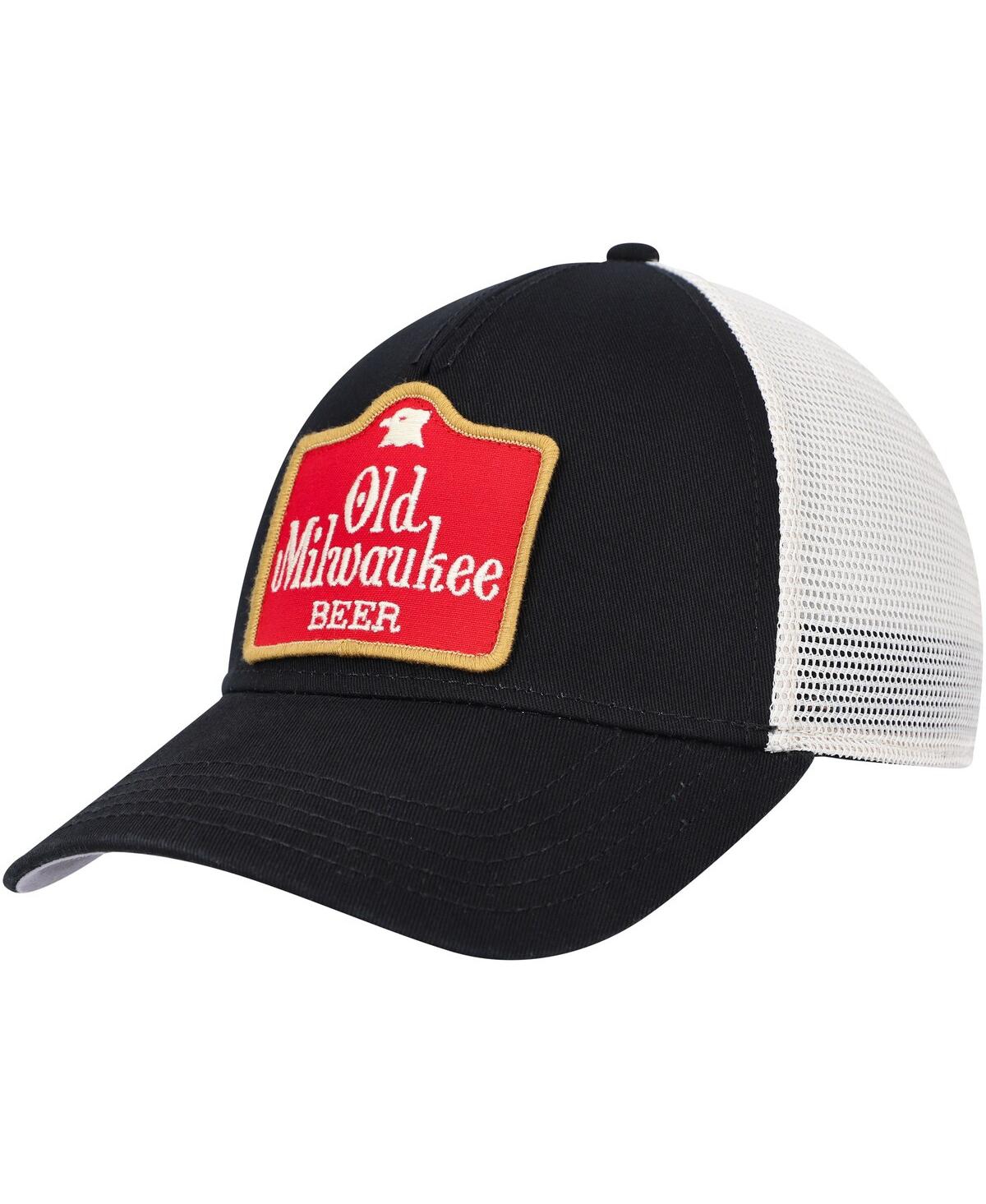 AMERICAN NEEDLE MEN'S AMERICAN NEEDLE BLACK, CREAM OLD MILWAUKEE VALIN TRUCKER SNAPBACK HAT 