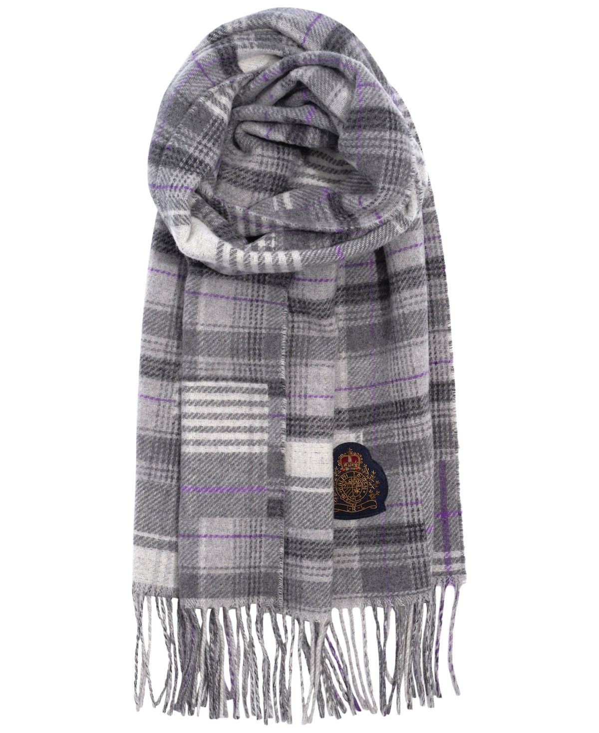 Lauren Ralph Lauren Patchwork Holiday Woven Scarf With Patch In Charcoal,purple