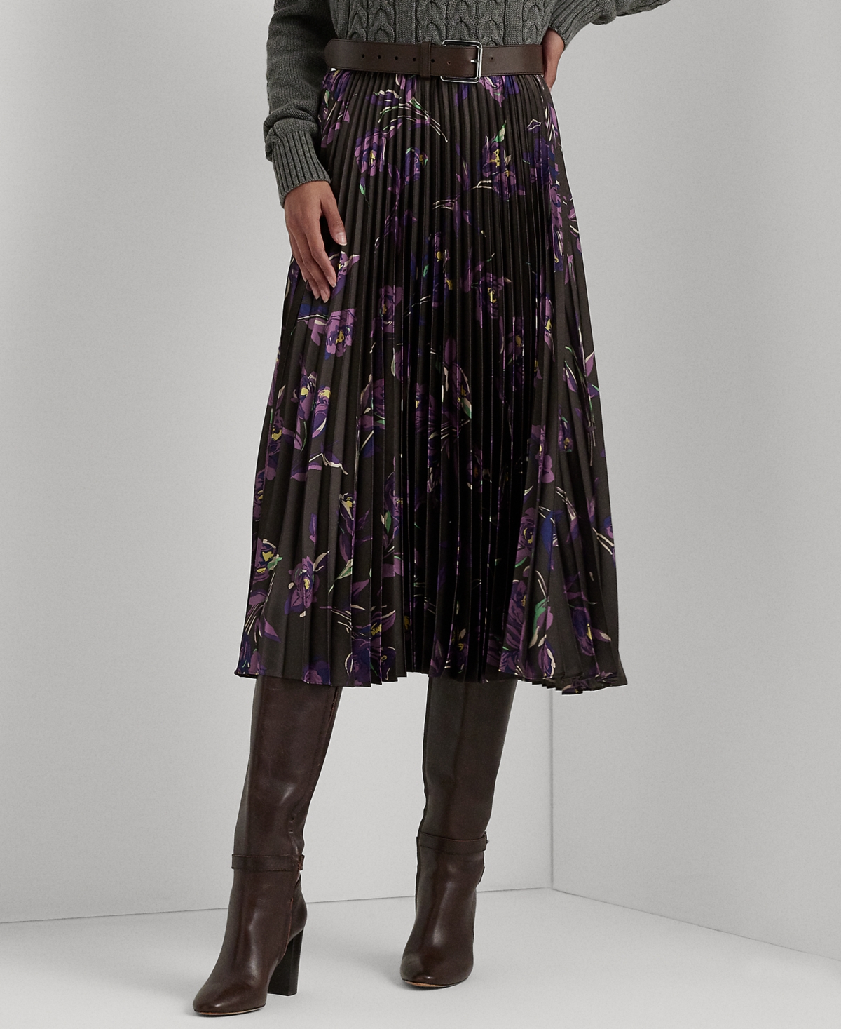 Lauren Ralph Lauren Floral Pleated Satin Charmeuse Skirt In Brown ...