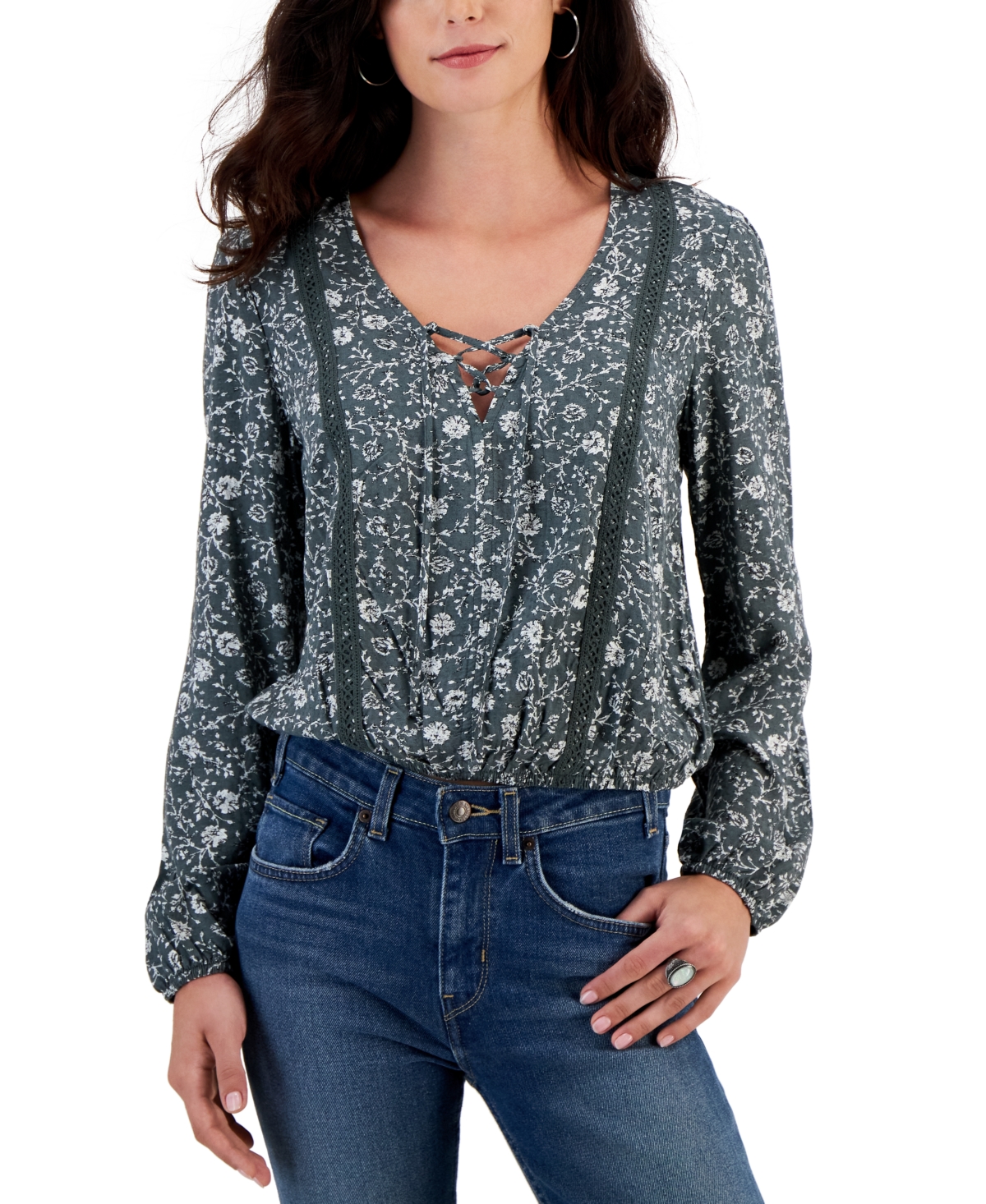 Juniors' Lace-Up V-Neck Crochet-Trimmed Top - Thyme