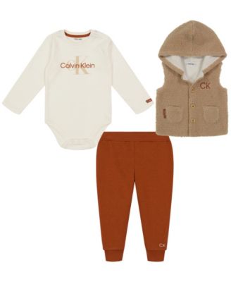 Baby Boys 3 Piece Long Sleeve Bodysuit, Joggers and Hooded Berber Vest Set