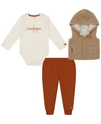 Calvin Klein Baby Boys 3 Piece Long Sleeve Bodysuit Joggers and Hooded Berber Vest Set Macy s