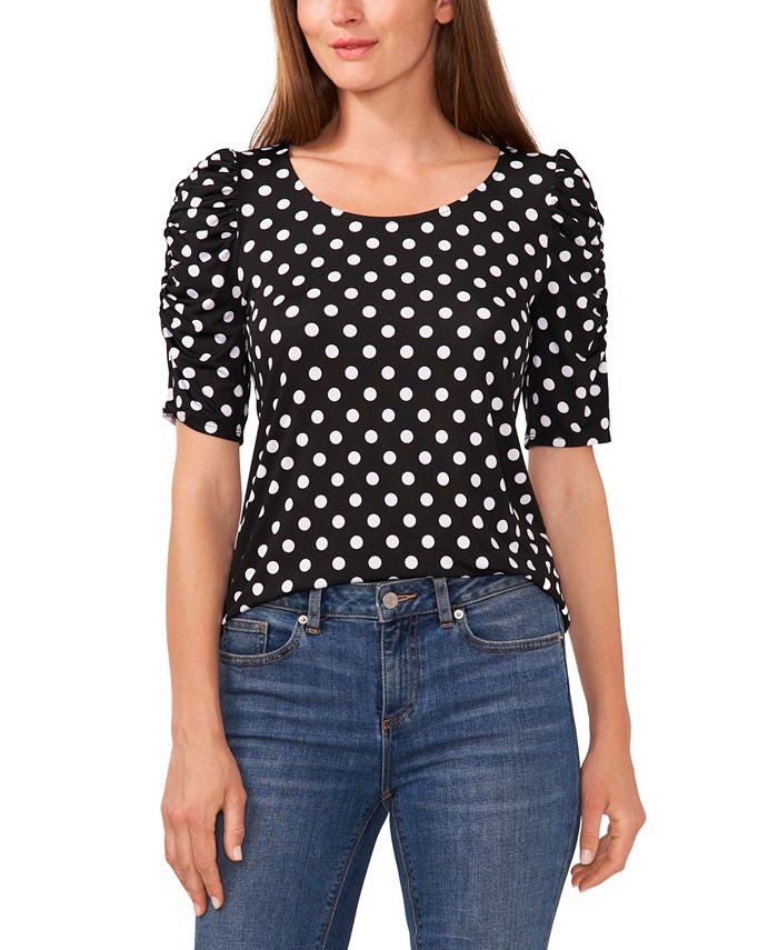CeCe Women's Polka Dot Ruched Elbow Sleeve Knit Top Macy's