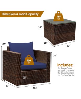 3PCS Patio Rattan Furniture Set Conversation Sofa Cushioned